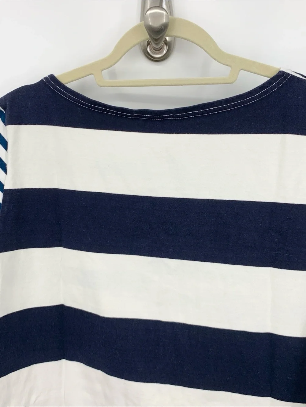J Crew Women Size Large Shirt Blue White Striped Patchwork 3/4 Sleeve Top Cotton